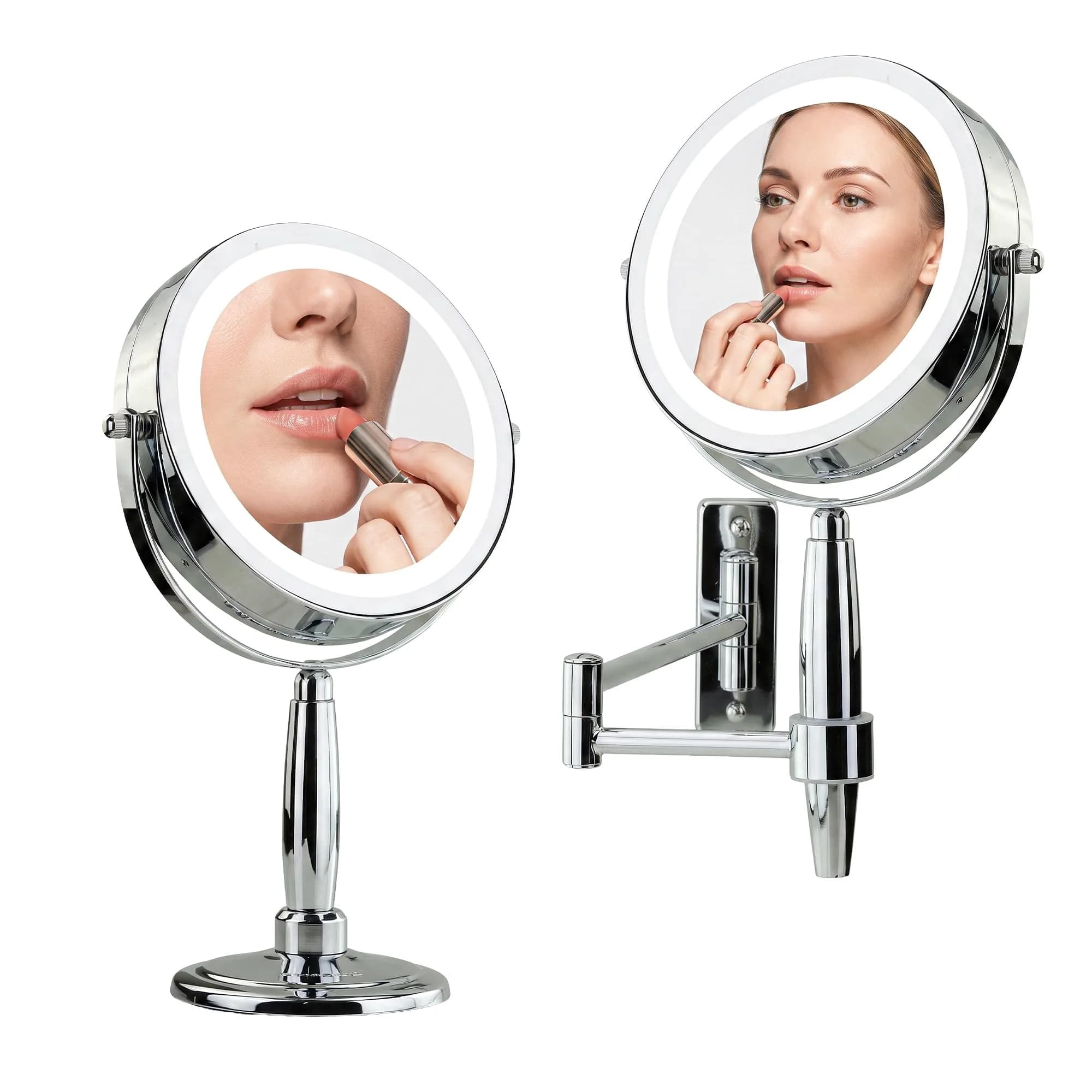 OVENTE 9'' Lighted Magnifying Makeup Mirror, Polished Chrome | 1x/5x Magnification, 360° Swivel, LED Lights