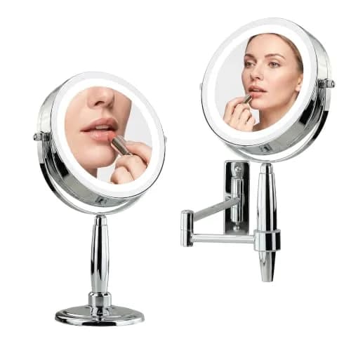 OVENTE 9'' Lighted Magnifying Makeup Mirror, Polished Chrome | 1x/5x Magnification, 360° Swivel, LED Lights thumbnail 1