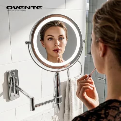 OVENTE 9'' Lighted Magnifying Makeup Mirror, Polished Chrome | 1x/5x Magnification, 360° Swivel, LED Lights thumbnail 4