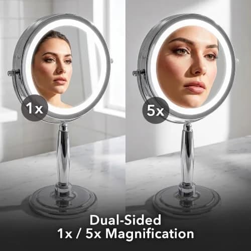 OVENTE 9'' Lighted Magnifying Makeup Mirror, Polished Chrome | 1x/5x Magnification, 360° Swivel, LED Lights thumbnail 6