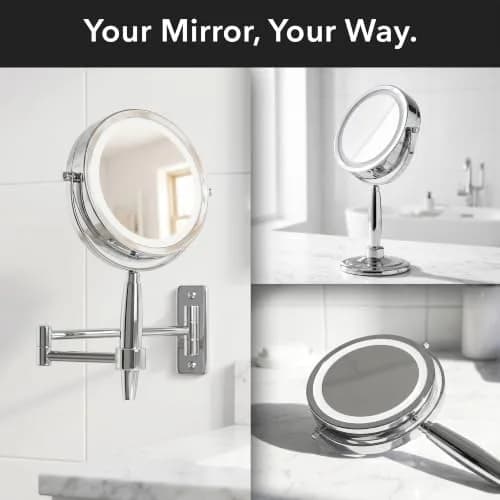 OVENTE 9'' Lighted Magnifying Makeup Mirror, Polished Chrome | 1x/5x Magnification, 360° Swivel, LED Lights thumbnail 7