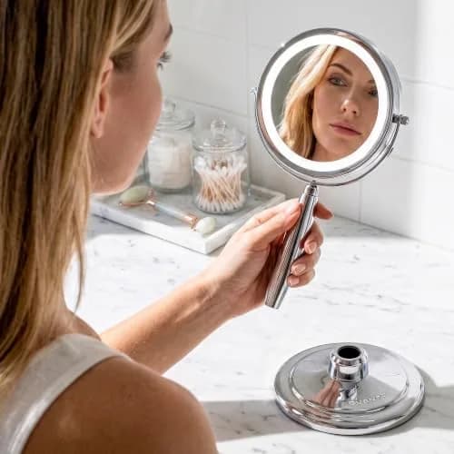 OVENTE 9'' Lighted Magnifying Makeup Mirror, Polished Chrome | 1x/5x Magnification, 360° Swivel, LED Lights thumbnail 9