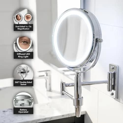 OVENTE 9'' Lighted Magnifying Makeup Mirror, Polished Chrome | 1x/5x Magnification, 360° Swivel, LED Lights thumbnail 2