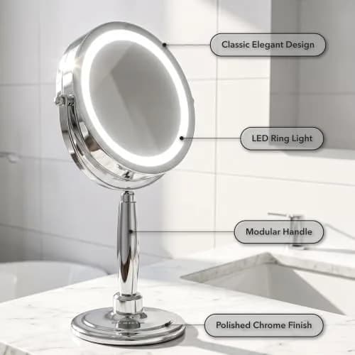 OVENTE 9'' Lighted Magnifying Makeup Mirror, Polished Chrome | 1x/5x Magnification, 360° Swivel, LED Lights thumbnail 3
