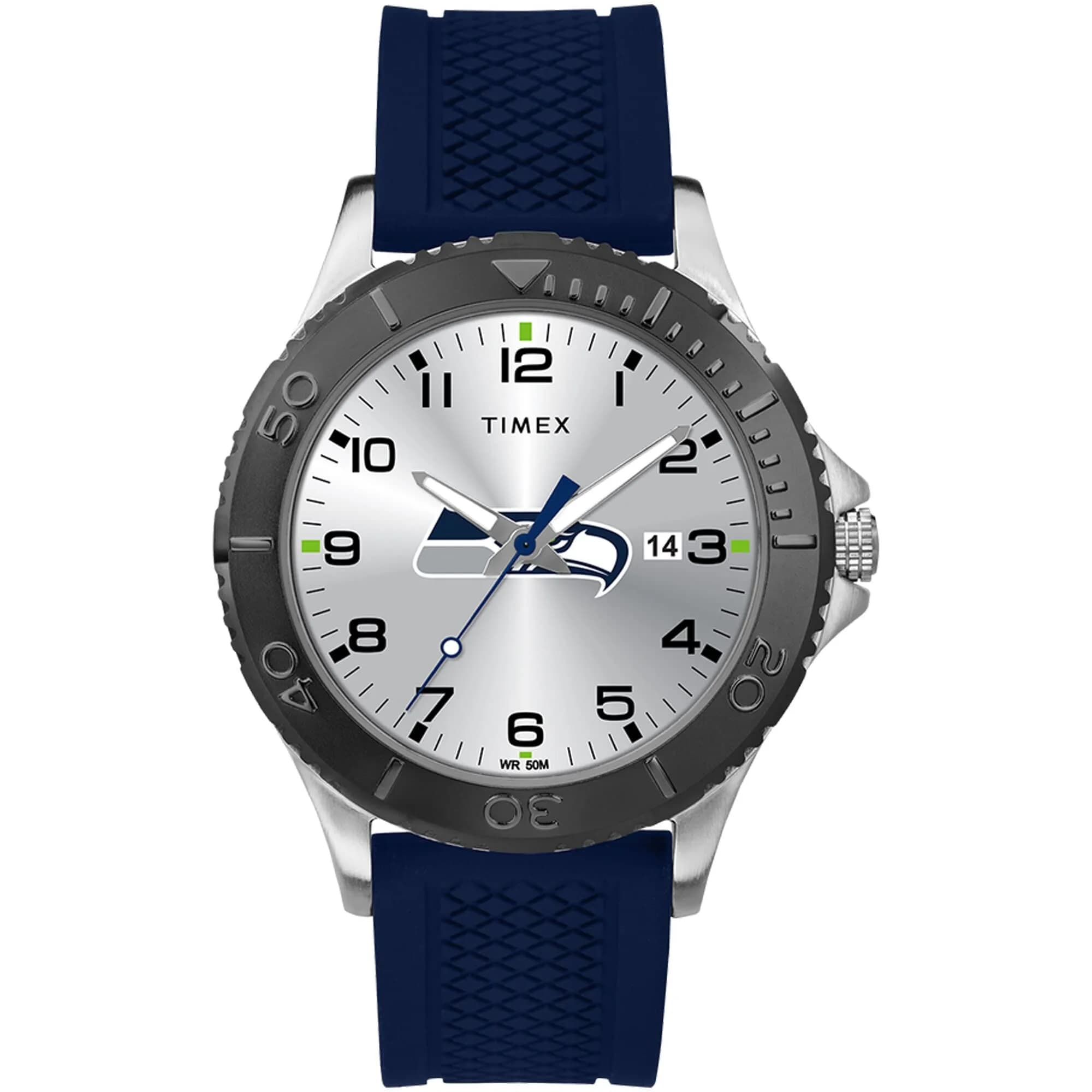 Timex Men's TWZFSEAME NFL Gamer Seattle Seahawks Watch | 42mm Silver Brass Case & Silicone Strap