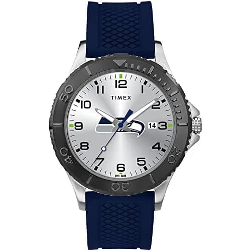 Timex Men's TWZFSEAME NFL Gamer Seattle Seahawks Watch | 42mm Silver Brass Case & Silicone Strap thumbnail 1