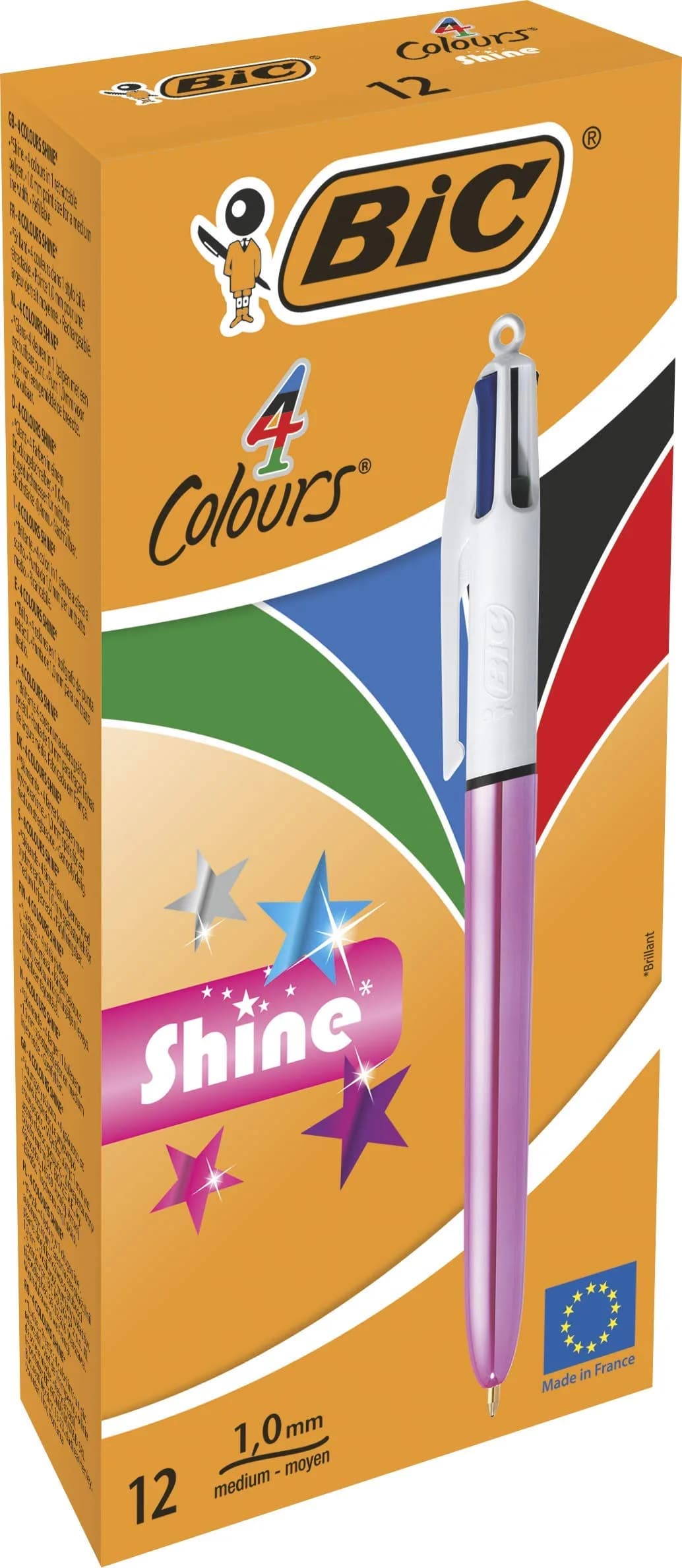 BIC 4 Colours Shine Ballpoint Pens - Box of 12 - Metallic Pink Body with 4 Ink Colours (Blue, Black, Red, Green) | Refillable, Precise, Vibrant
