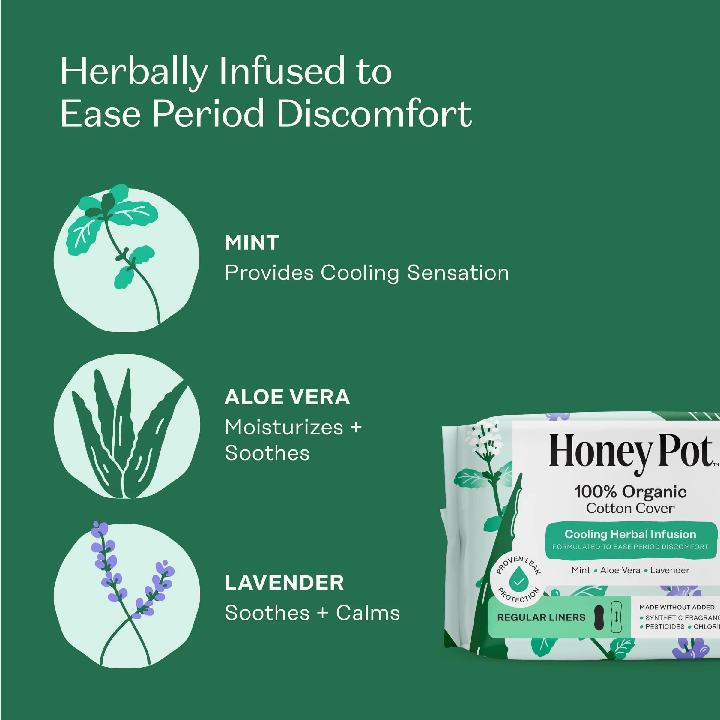 The Honey Pot Company Cooling Herbal Panty Liners 30 Count | Hypoallergenic & Fragrance-Free for Sensitive Skin - view 3