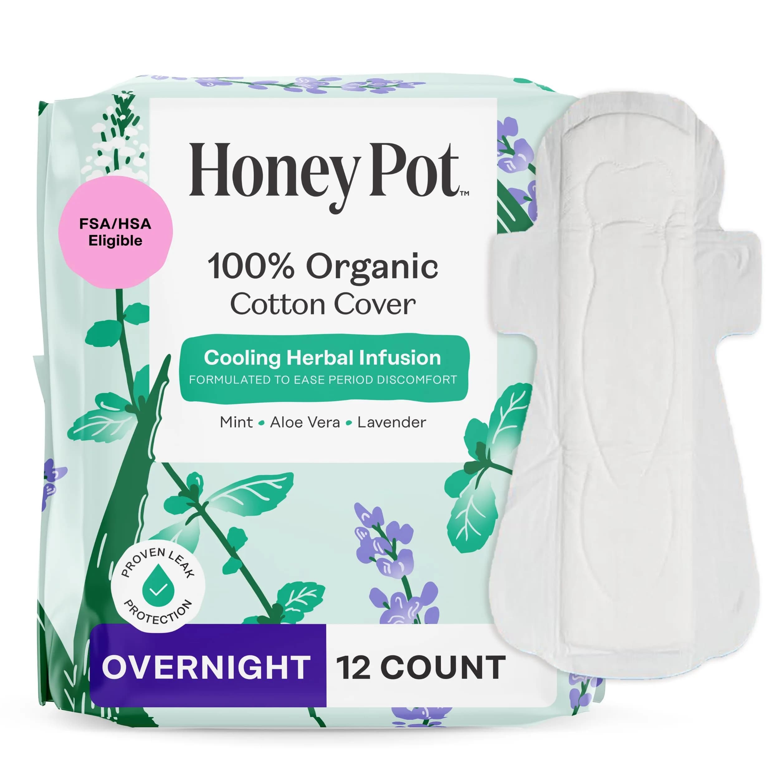 The Honey Pot Company Cooling Herbal Overnight Pads with Wings 12 Count (33cm) | Dermatologist Tested for Sensitive Skin - main product image