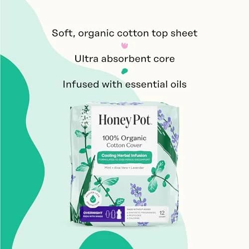 The Honey Pot Company Cooling Herbal Overnight Pads with Wings 12 Count (33cm) | Dermatologist Tested for Sensitive Skin thumbnail 4