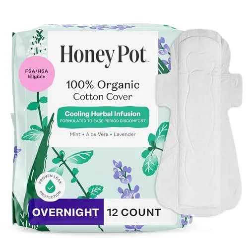 The Honey Pot Company Cooling Herbal Overnight Pads with Wings 12 Count (33cm) | Dermatologist Tested for Sensitive Skin thumbnail 1