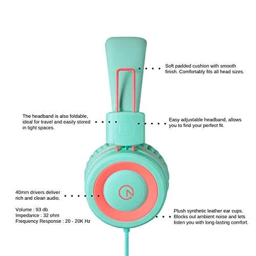 noot products K11 Kids Wired On-Ear Headphones Mint | 5ft Tangle-Free Cord thumbnail 3
