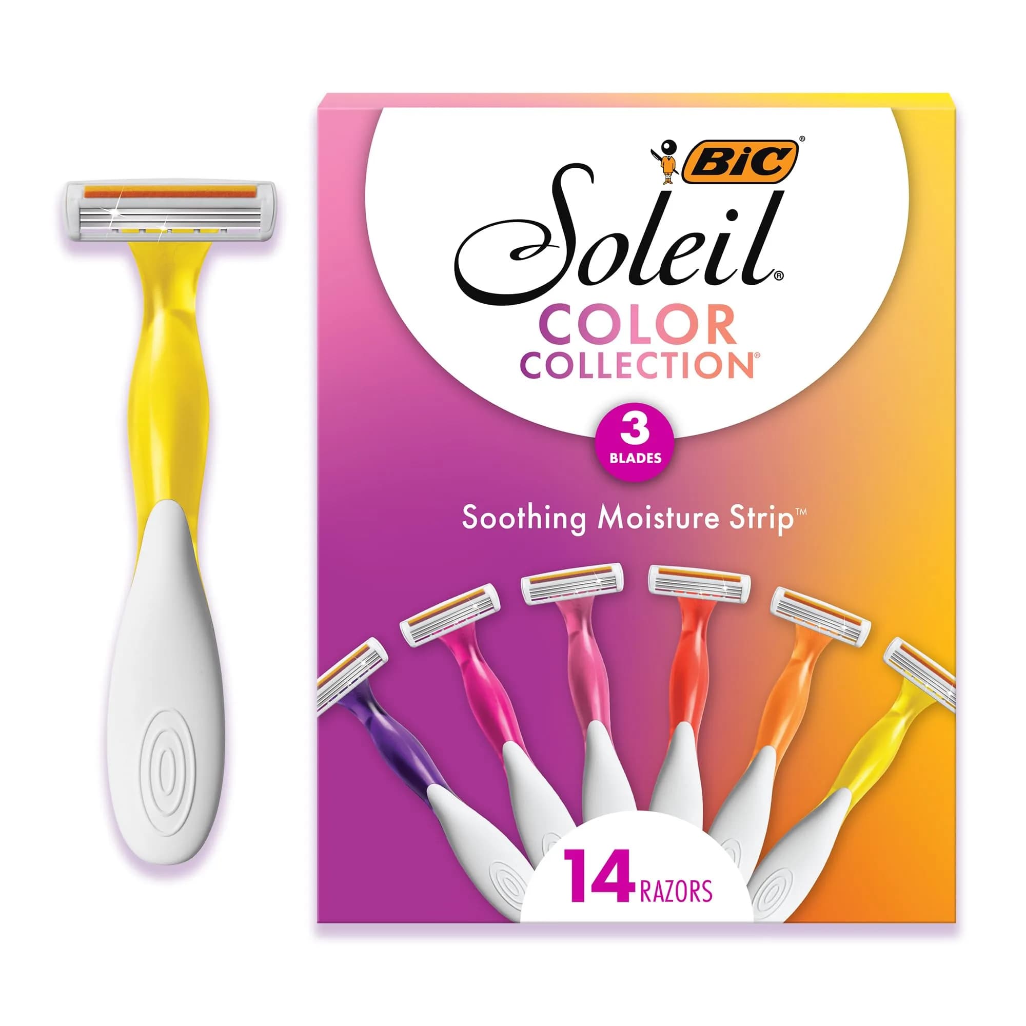 BIC Soleil 3 Colors Women's Disposable Razor 14-Pack | Triple-Blade, Aloe Vera, Dorm Essential