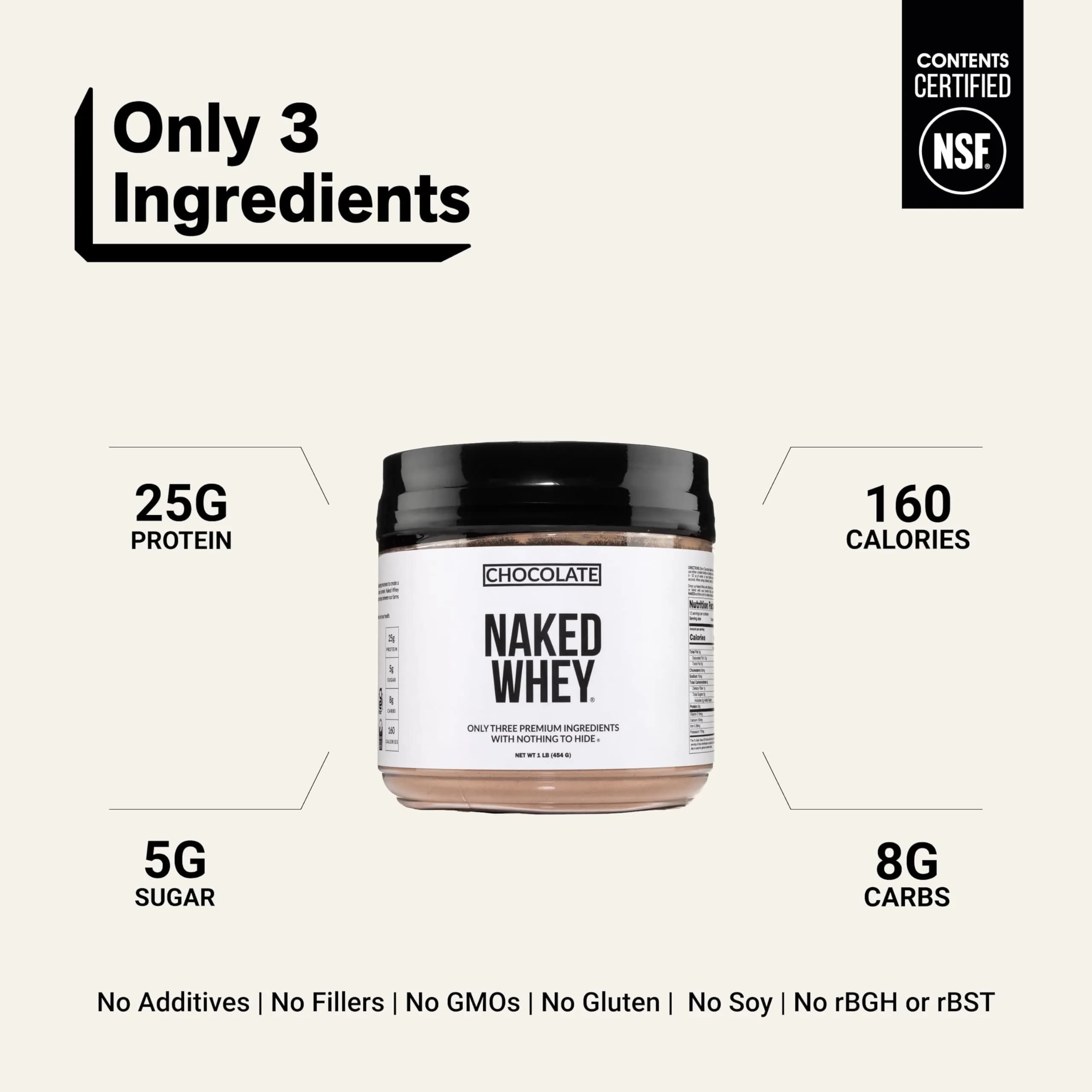 NAKED Chocolate Whey Protein Powder 1LB | NSF Certified Grass Fed Protein for Recovery - view 3