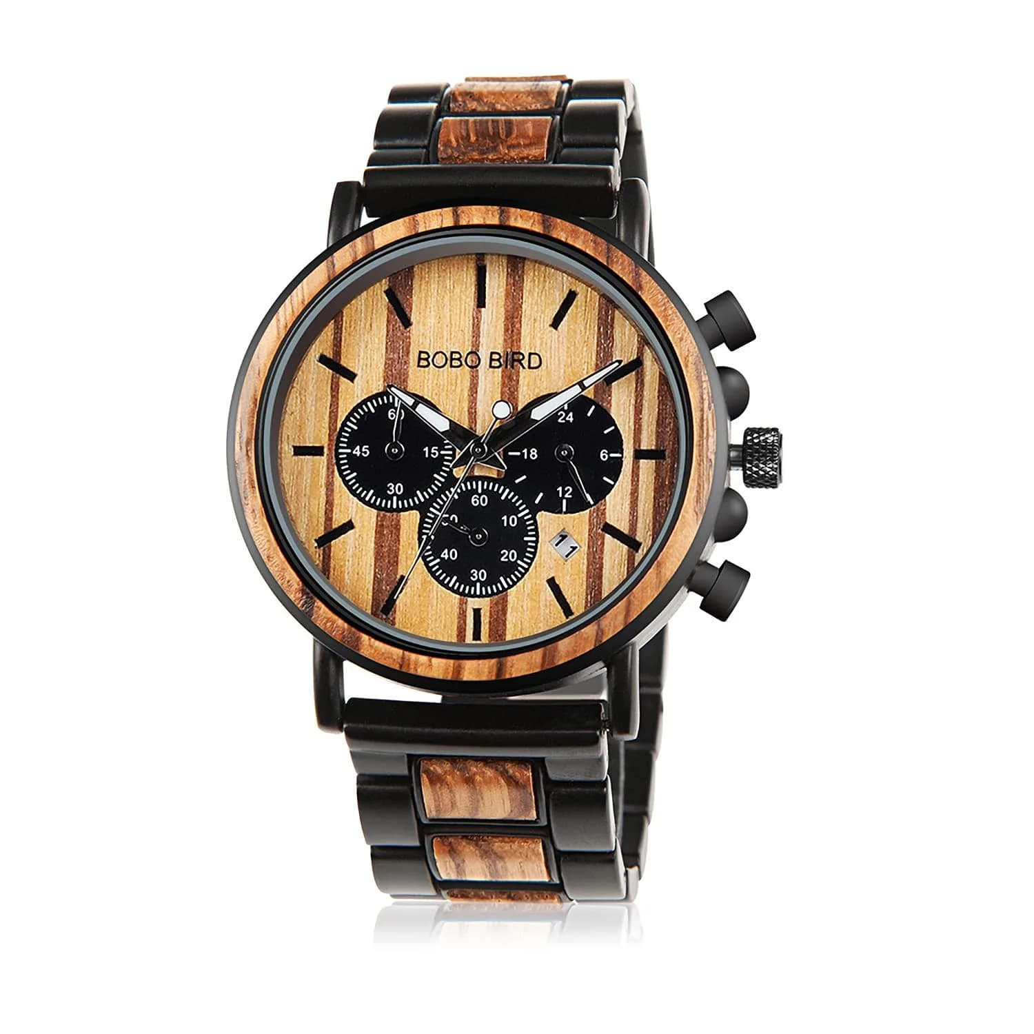 BOBO BIRD Wooden Mens Watch Large Size Stylish Wood & Stainless Steel Chronograph (Black Wood Band) | Quartz Military