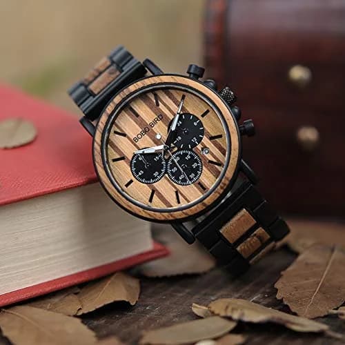 BOBO BIRD Wooden Mens Watch Large Size Stylish Wood & Stainless Steel Chronograph (Black Wood Band) | Quartz Military thumbnail 5