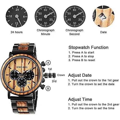 BOBO BIRD Wooden Mens Watch Large Size Stylish Wood & Stainless Steel Chronograph (Black Wood Band) | Quartz Military thumbnail 6