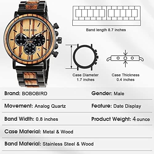 BOBO BIRD Wooden Mens Watch Large Size Stylish Wood & Stainless Steel Chronograph (Black Wood Band) | Quartz Military thumbnail 7