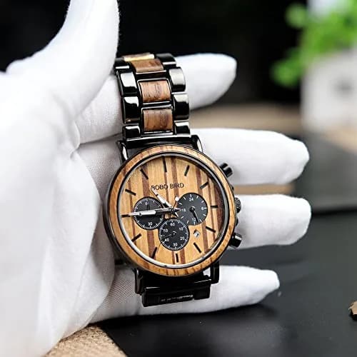 BOBO BIRD Wooden Mens Watch Large Size Stylish Wood & Stainless Steel Chronograph (Black Wood Band) | Quartz Military thumbnail 2