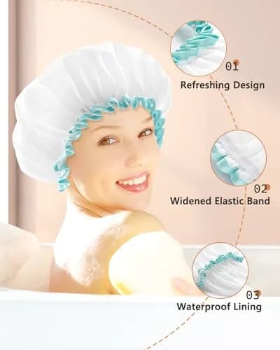 mikimini White Shower Cap 2 Pack | Double Waterproof, Reusable, Washable, Comfortable thumbnail 4