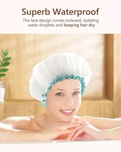 mikimini White Shower Cap 2 Pack | Double Waterproof, Reusable, Washable, Comfortable thumbnail 5