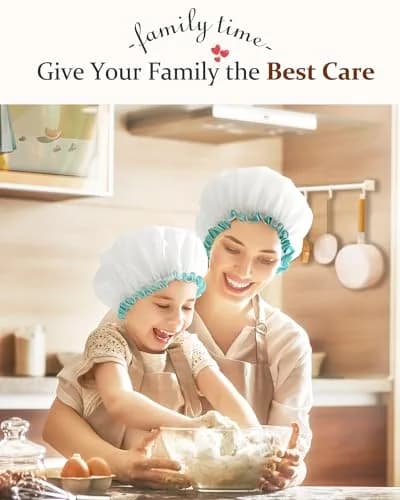 mikimini White Shower Cap 2 Pack | Double Waterproof, Reusable, Washable, Comfortable thumbnail 6
