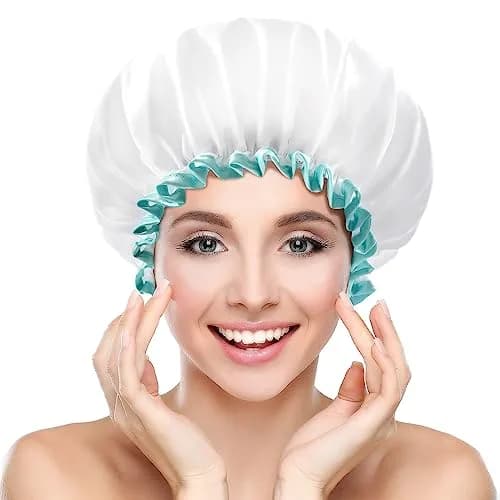 mikimini White Shower Cap 2 Pack | Double Waterproof, Reusable, Washable, Comfortable thumbnail 1