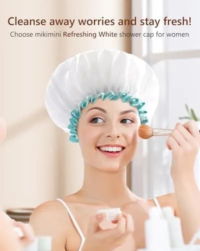 mikimini White Shower Cap 2 Pack | Double Waterproof, Reusable, Washable, Comfortable thumbnail 8