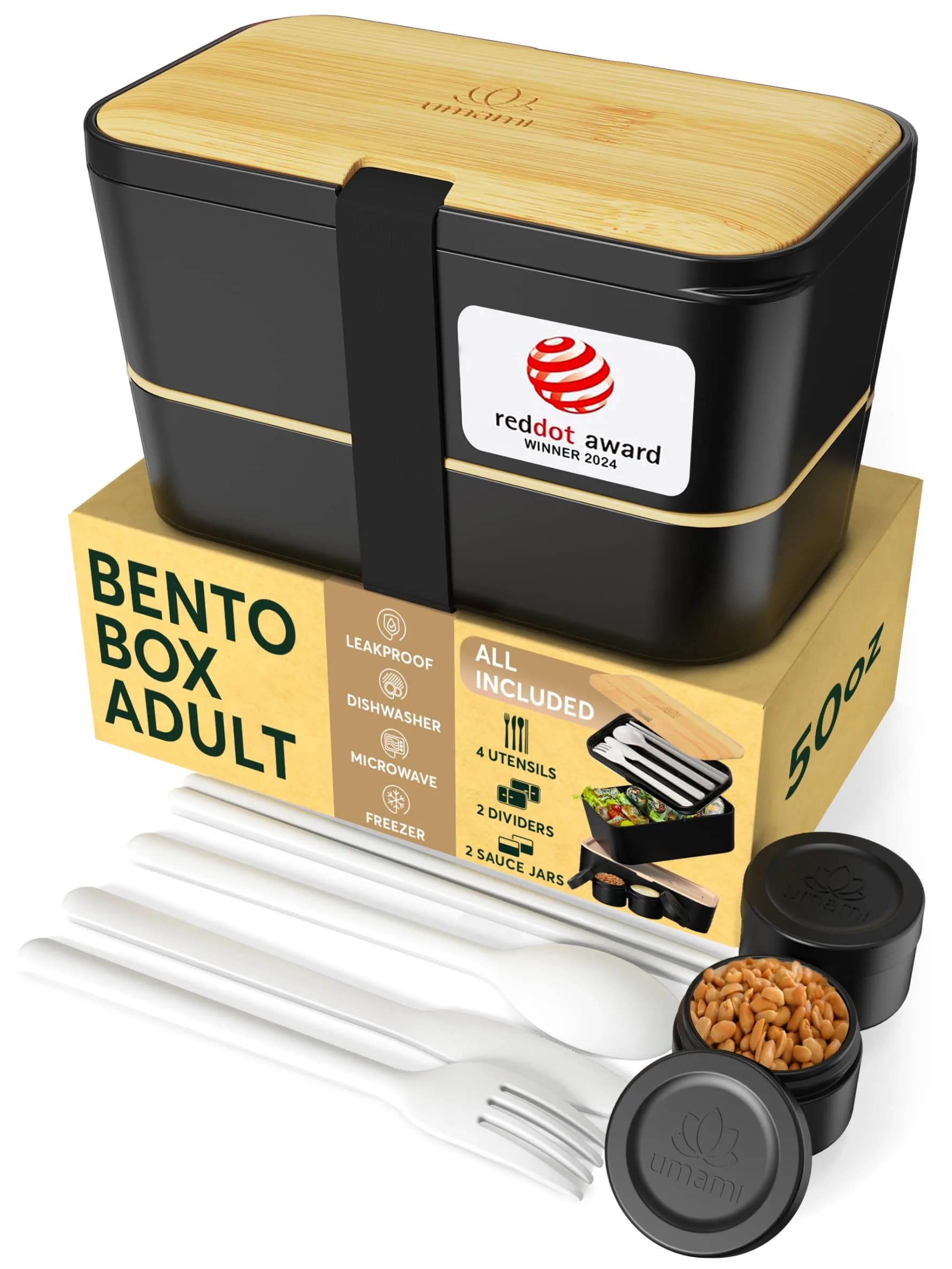 Umami Bento Box Adult Stackable Lunch Box 1500ml (50 oz) | Leakproof & Microwave-Safe with Utensils