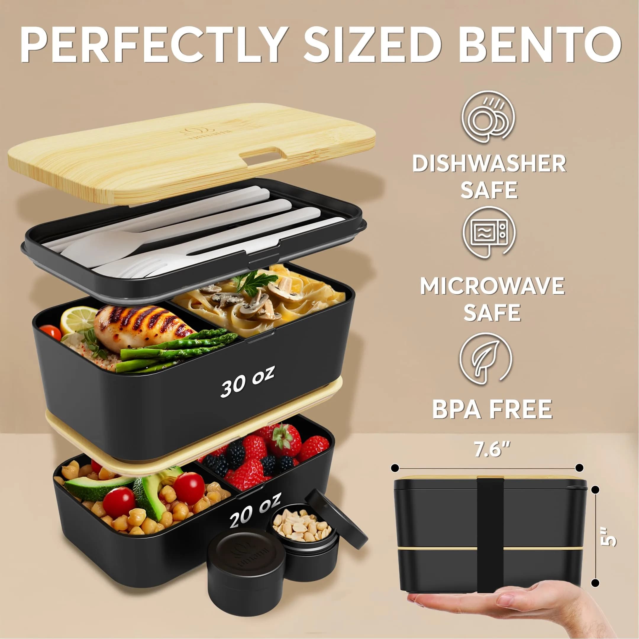 Umami Bento Box Adult Stackable Lunch Box 1500ml (50 oz) | Leakproof & Microwave-Safe with Utensils - view 6