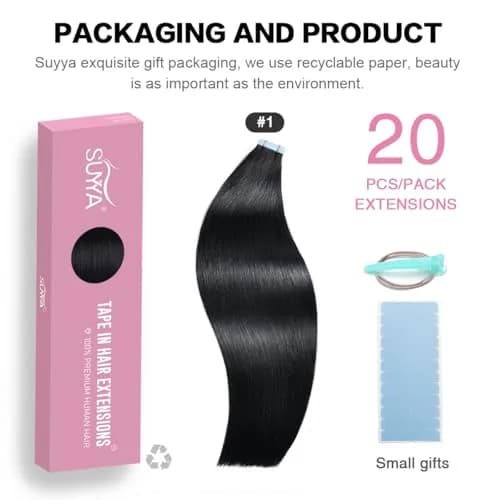 SUYYA Tape In Hair Extensions Human Hair 14 Inch #1 Jet Black | Seamless Natural Length & Volume thumbnail 2