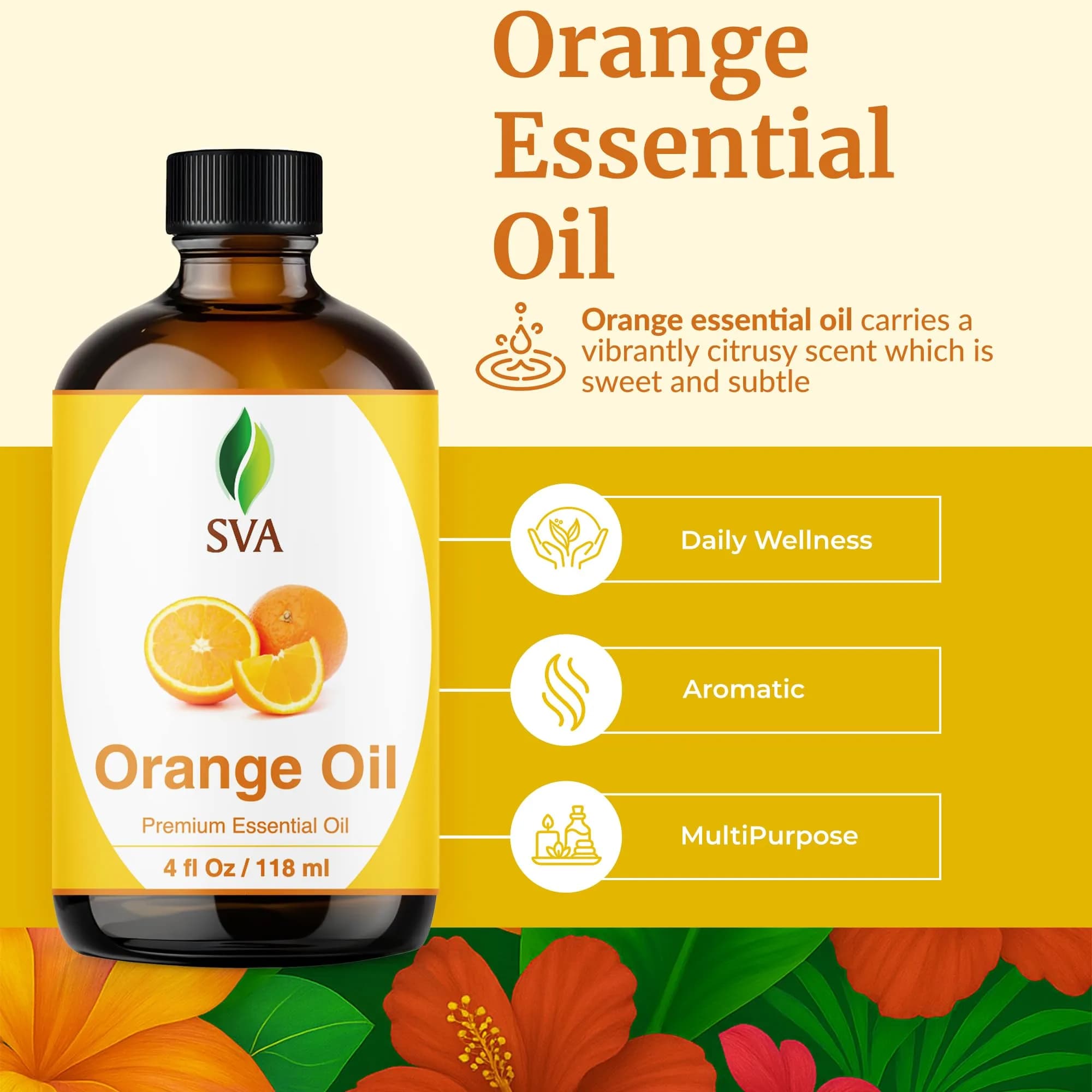 SVA ORGANICS Orange Essential Oil 118 ml (4 Fl Oz) | Pure Citrus Aroma for Diffusers & DIY - view 2