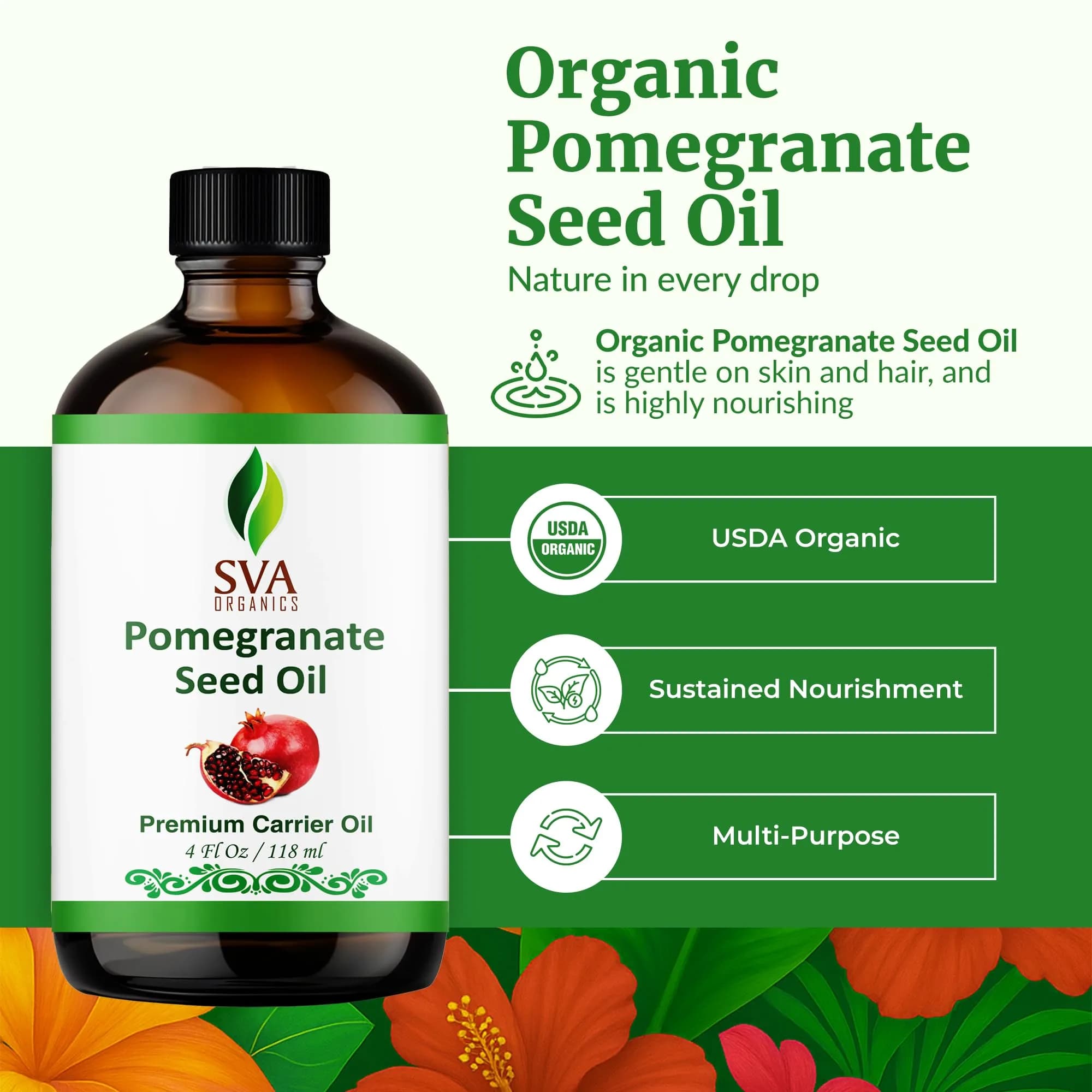 SVA Organics Pomegranate Seed Carrier Oil 118 ml (4 Fl Oz) | Cold-Pressed Organic Oil for Skin & Hair - view 2