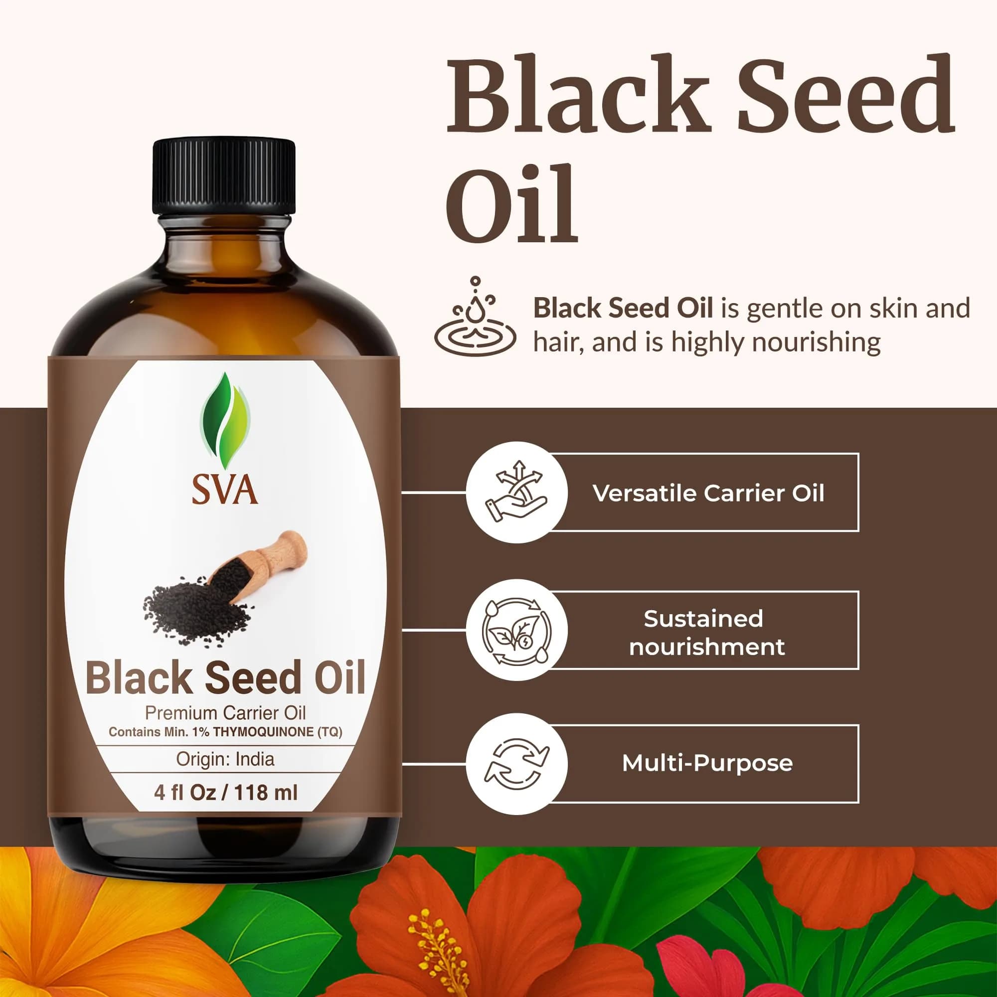 SVA ORGANICS Black Seed Carrier Oil, Pure & Natural, 4 Fl Oz (118 ml) - view 2