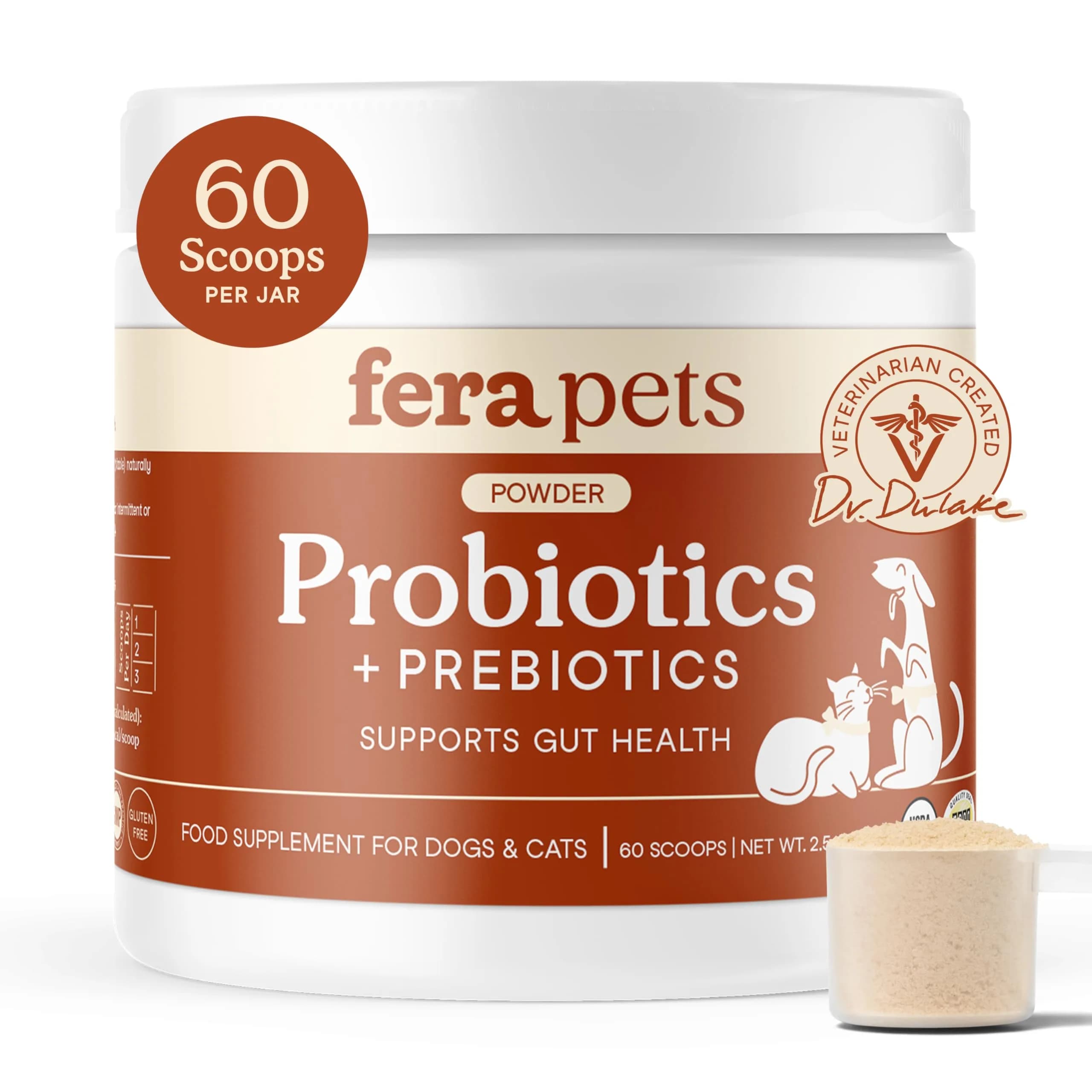 Fera Pets Organic Probiotics for Dogs & Cats with Prebiotics, 60 Scoops | USDA Organic Gut Health Powder Supplement with 12 Strains and 5 Billion CFUs - main product image