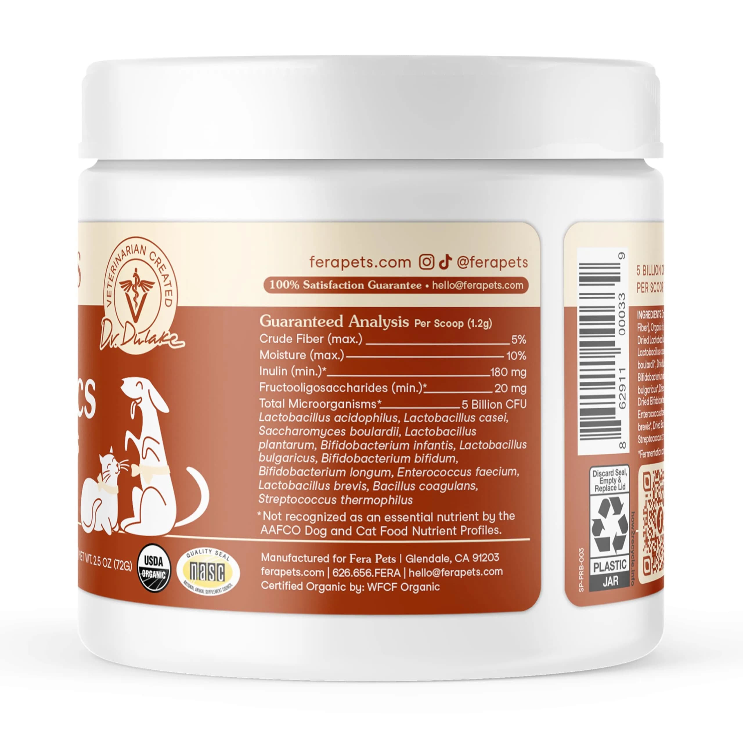 Fera Pets Organic Probiotics for Dogs & Cats with Prebiotics, 60 Scoops | USDA Organic Gut Health Powder Supplement with 12 Strains and 5 Billion CFUs - view 9