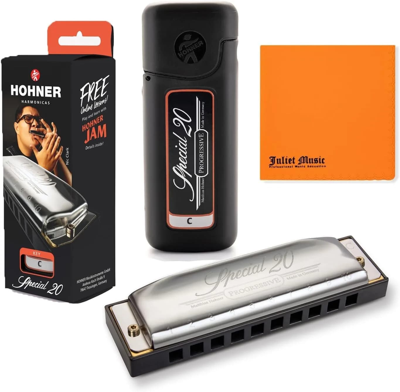 Hohner Special 20 Harmonica, 10 Holes Major C Bundle with Hard Case & Juliet Music Polishing Cloth | German Quality Craftsmanship — Blue