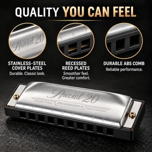 Hohner Special 20 Harmonica, 10 Holes Major C Bundle with Hard Case & Juliet Music Polishing Cloth | German Quality Craftsmanship thumbnail 2