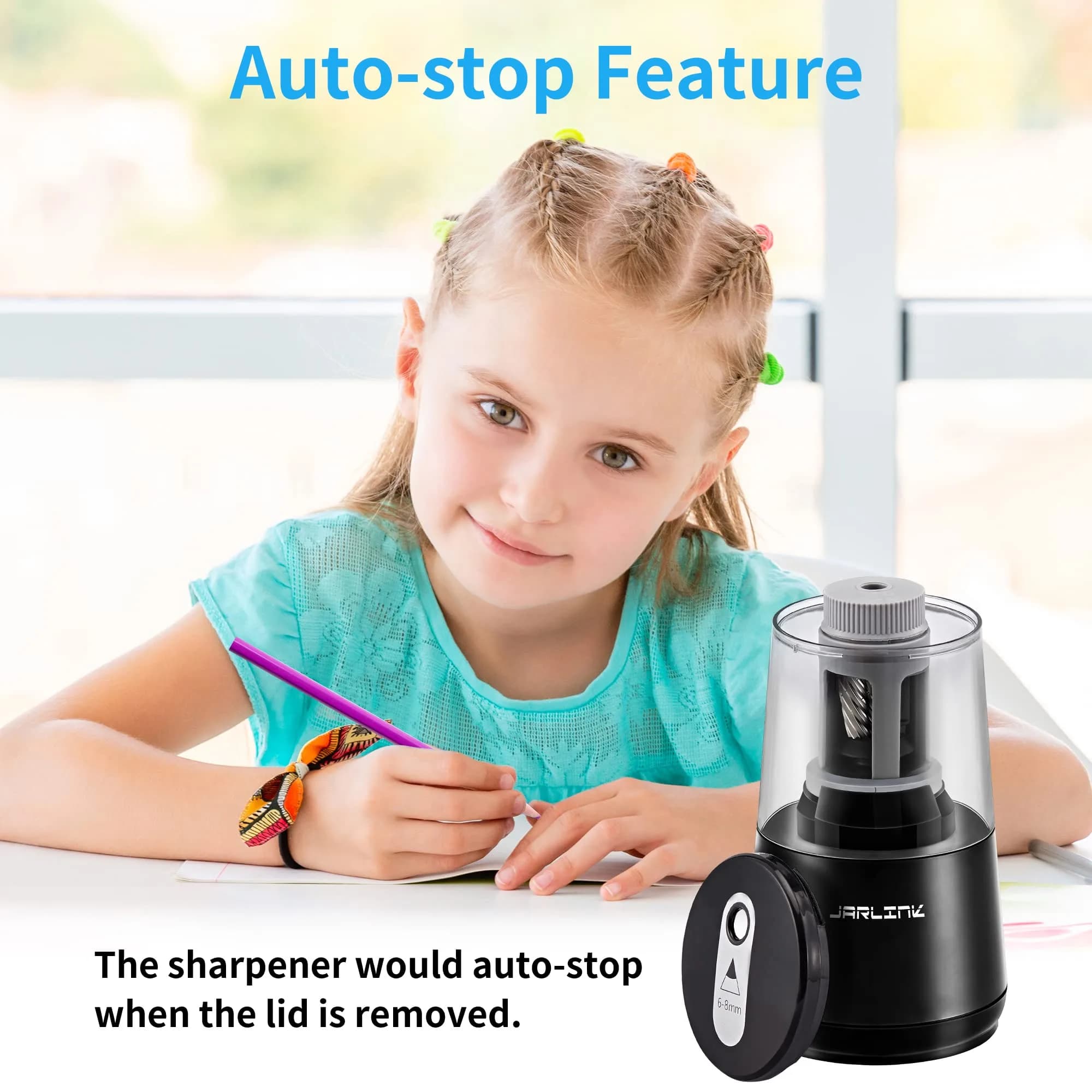 JARLINK Heavy Duty Electric Pencil Sharpener with Helical Blade & Auto Stop | 6-8mm Pencils, Black - view 9