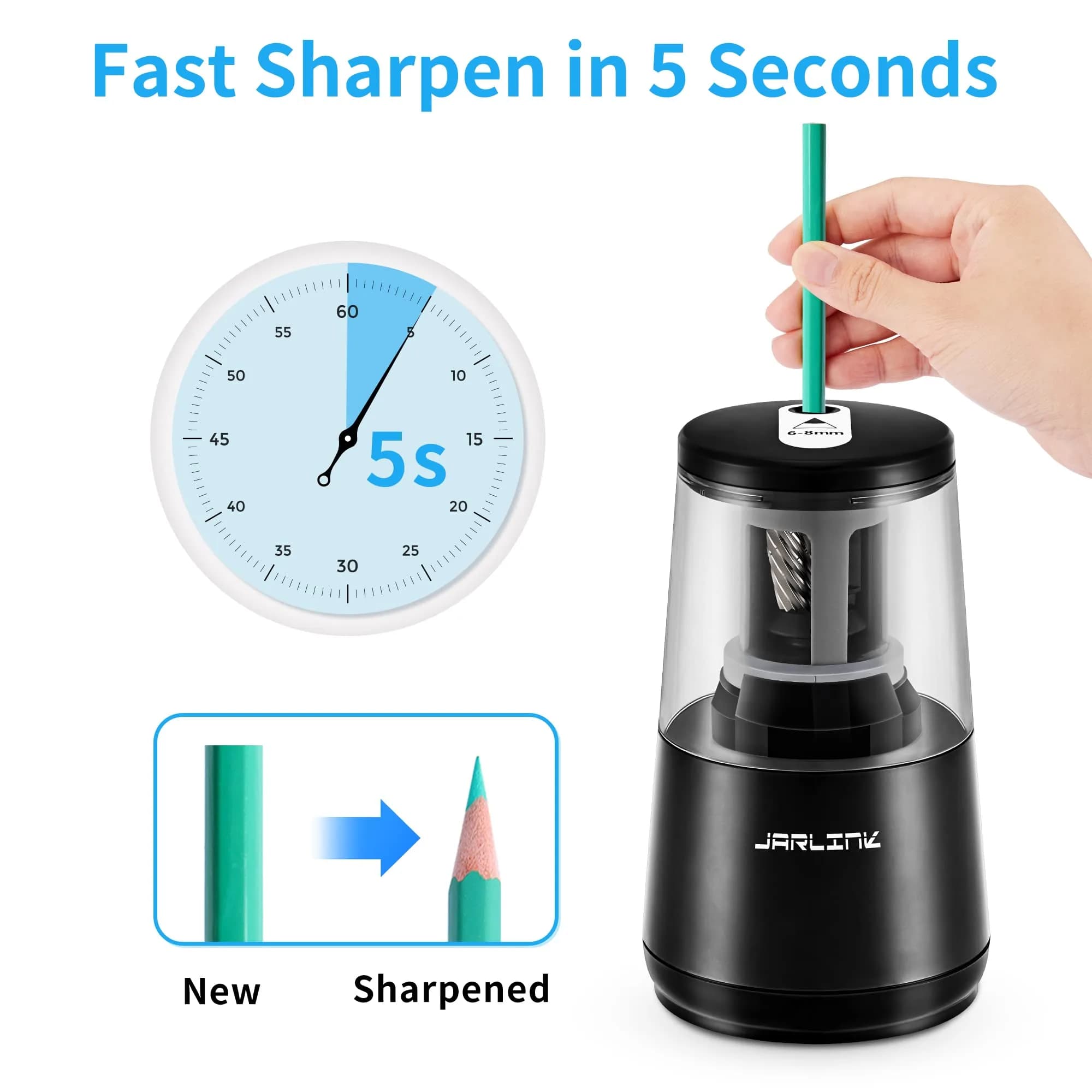 JARLINK Heavy Duty Electric Pencil Sharpener with Helical Blade & Auto Stop | 6-8mm Pencils, Black - view 2