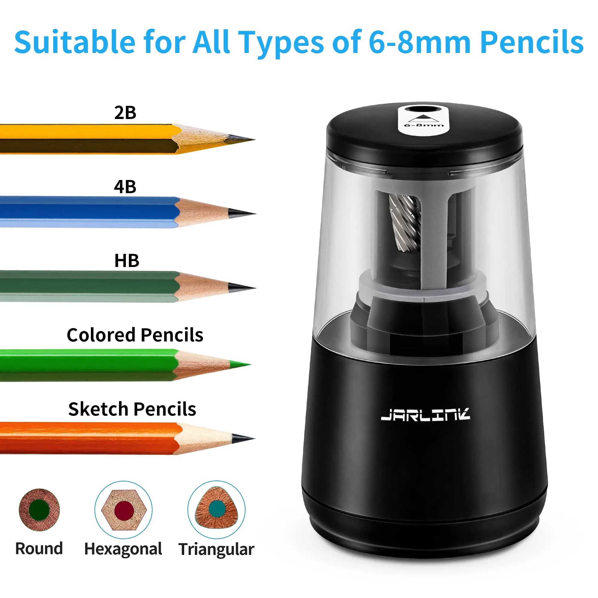 JARLINK Heavy Duty Electric Pencil Sharpener with Helical Blade & Auto Stop | 6-8mm Pencils, Black - view 4