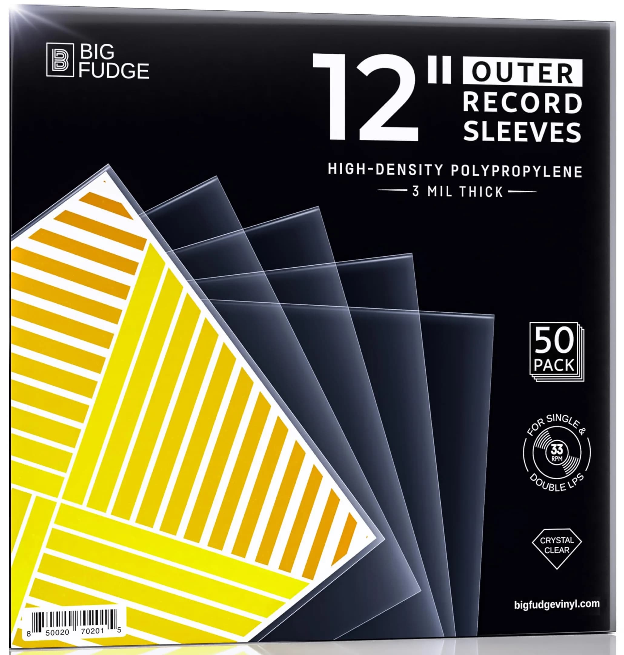Big Fudge 12" Vinyl Record Outer Sleeves 50 Pack | Crystal Clear Polypropylene LP Album Protection — Clear