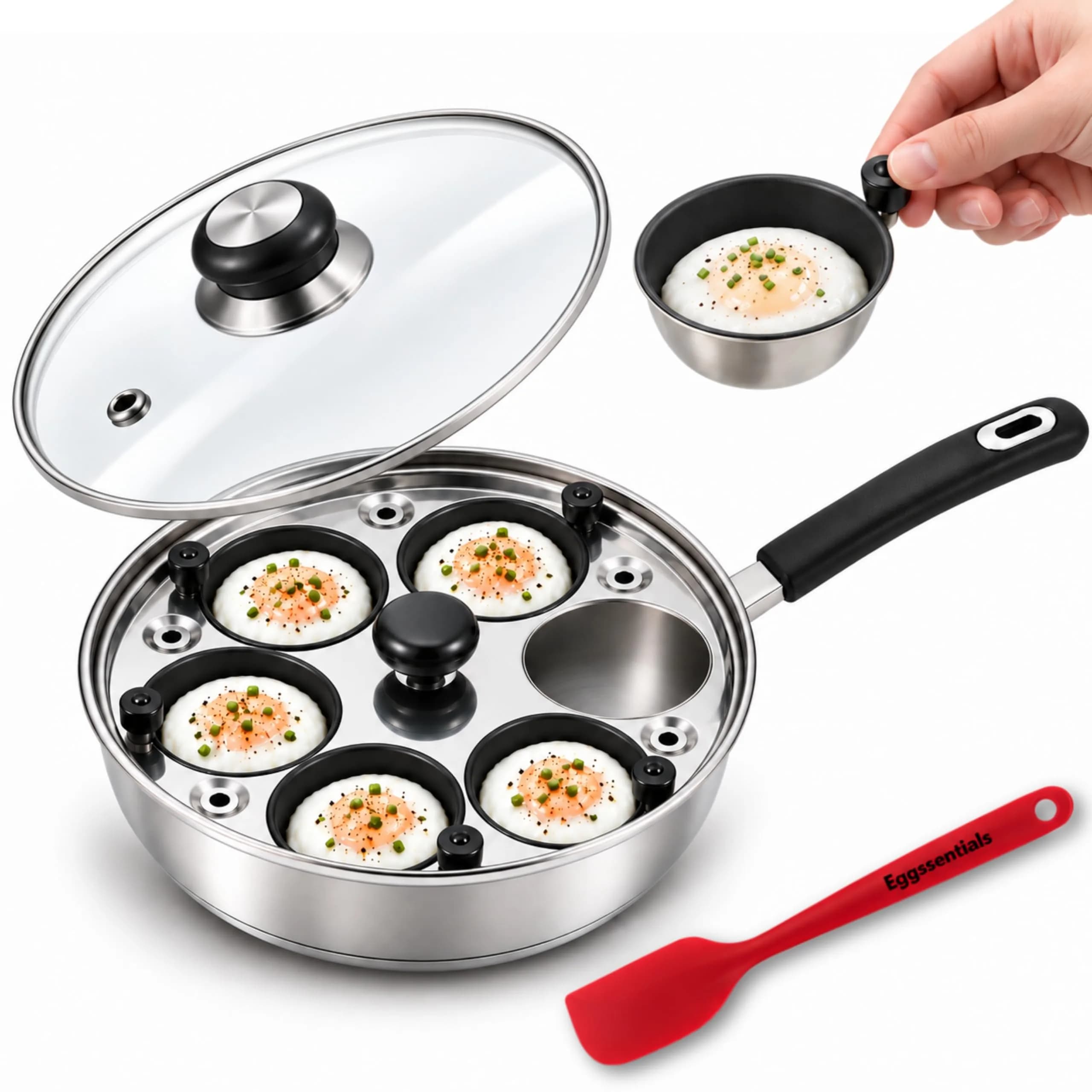Eggssentials Egg Poacher Pan Nonstick Poached Egg Maker, Stainless Steel, 10 inches | PFOA Free, Dishwasher Safe