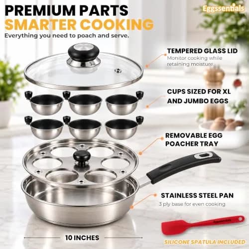 Eggssentials Egg Poacher Pan Nonstick Poached Egg Maker, Stainless Steel, 10 inches | PFOA Free, Dishwasher Safe thumbnail 4