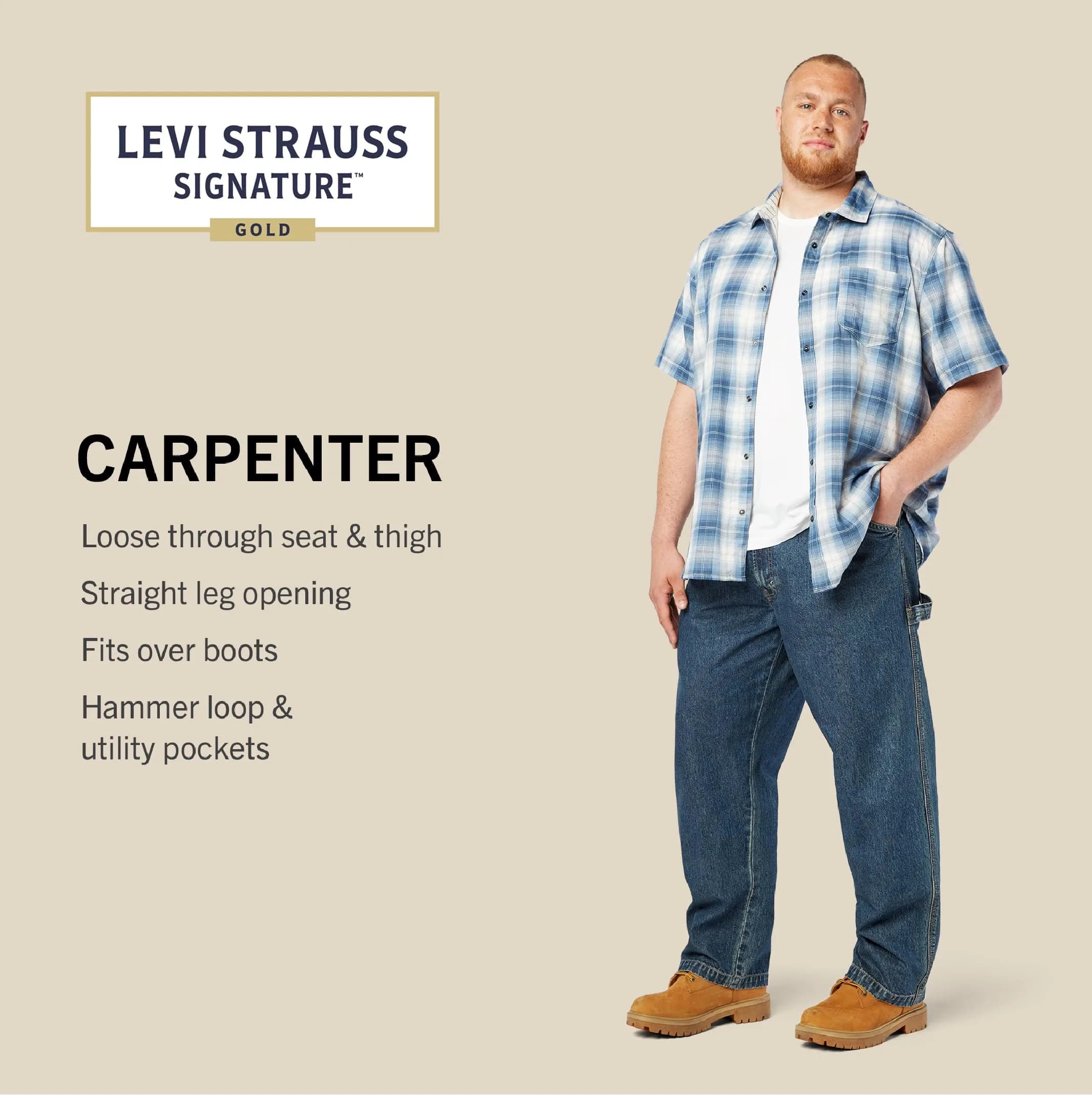 Signature by Levi Strauss & Co. Men's Carpenter Jeans, Light Indigo Stretch, 50W x 32L (127cm x 81cm) | Loose Fit Workwear - view 3