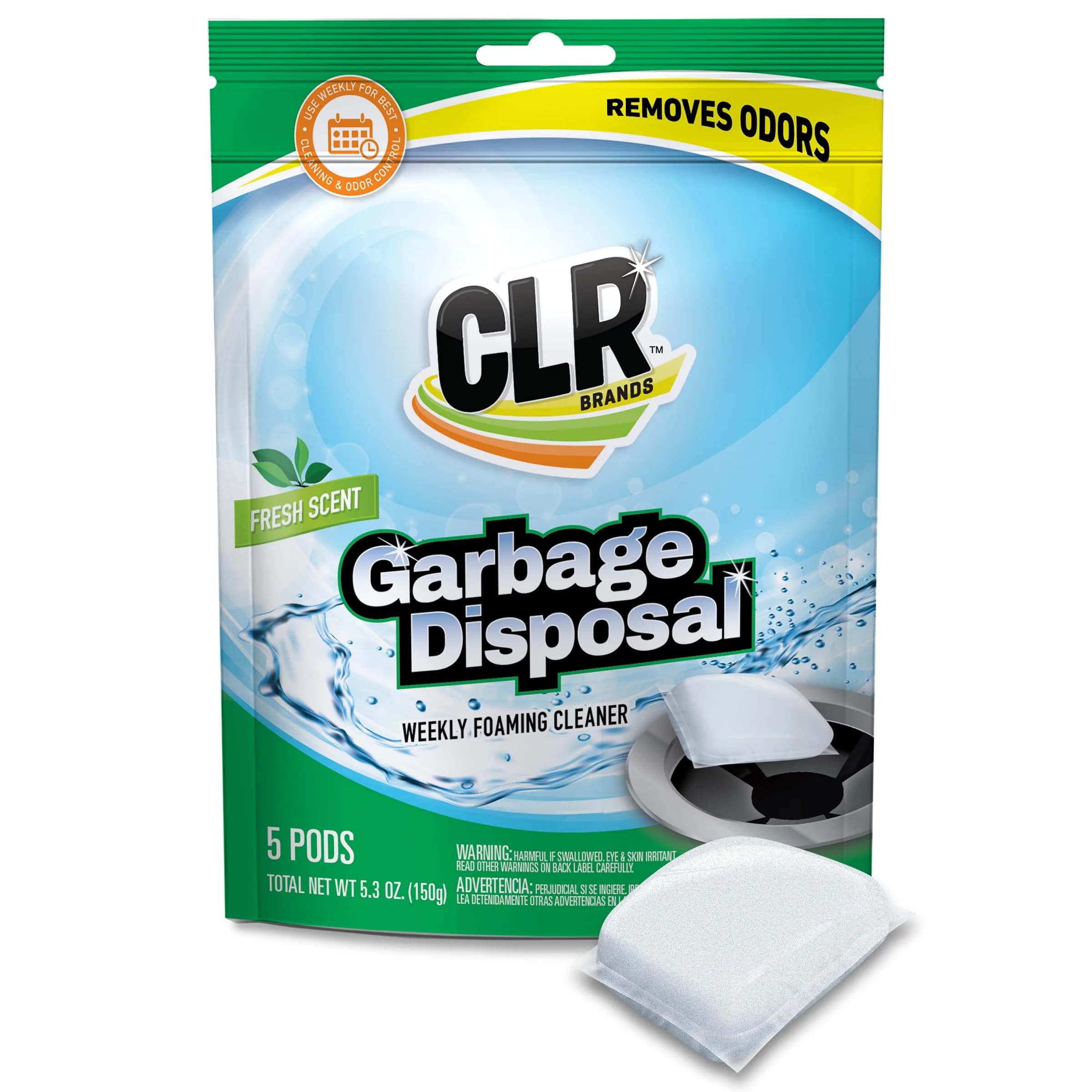 CLR Garbage Disposal Cleaner and Deodorizer Pods, 5 Count | Fresh Scent Weekly Foaming Drain Odor Eliminator - 1 Month Supply — White