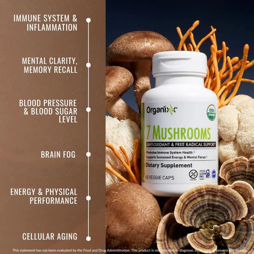 Organixx 7 Mushroom Supplement, Fermented, Immune Support, 60 Caps | USDA Organic & Bioavailable Mushroom Blend thumbnail 8