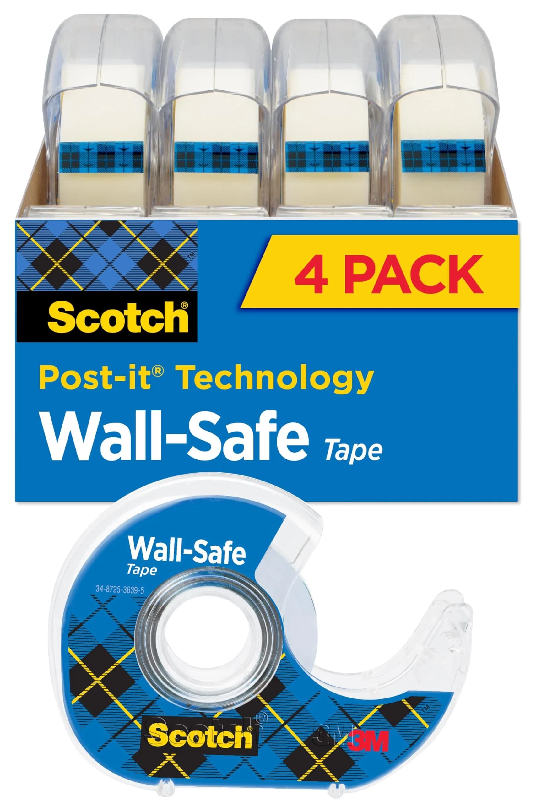 Scotch Wall-Safe Tape 4 Rolls | Sticks Securely, Removes Cleanly, Invisible, Photo Safe