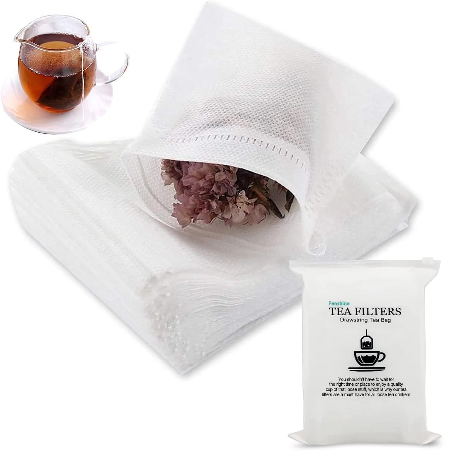 fenshine Disposable Tea Bags 200 pcs | Non-Woven Fabric, Drawstring, 7x9cm, Safe & Portable — 3.54" x 2.75" 200pcs Wood Pulp Paper