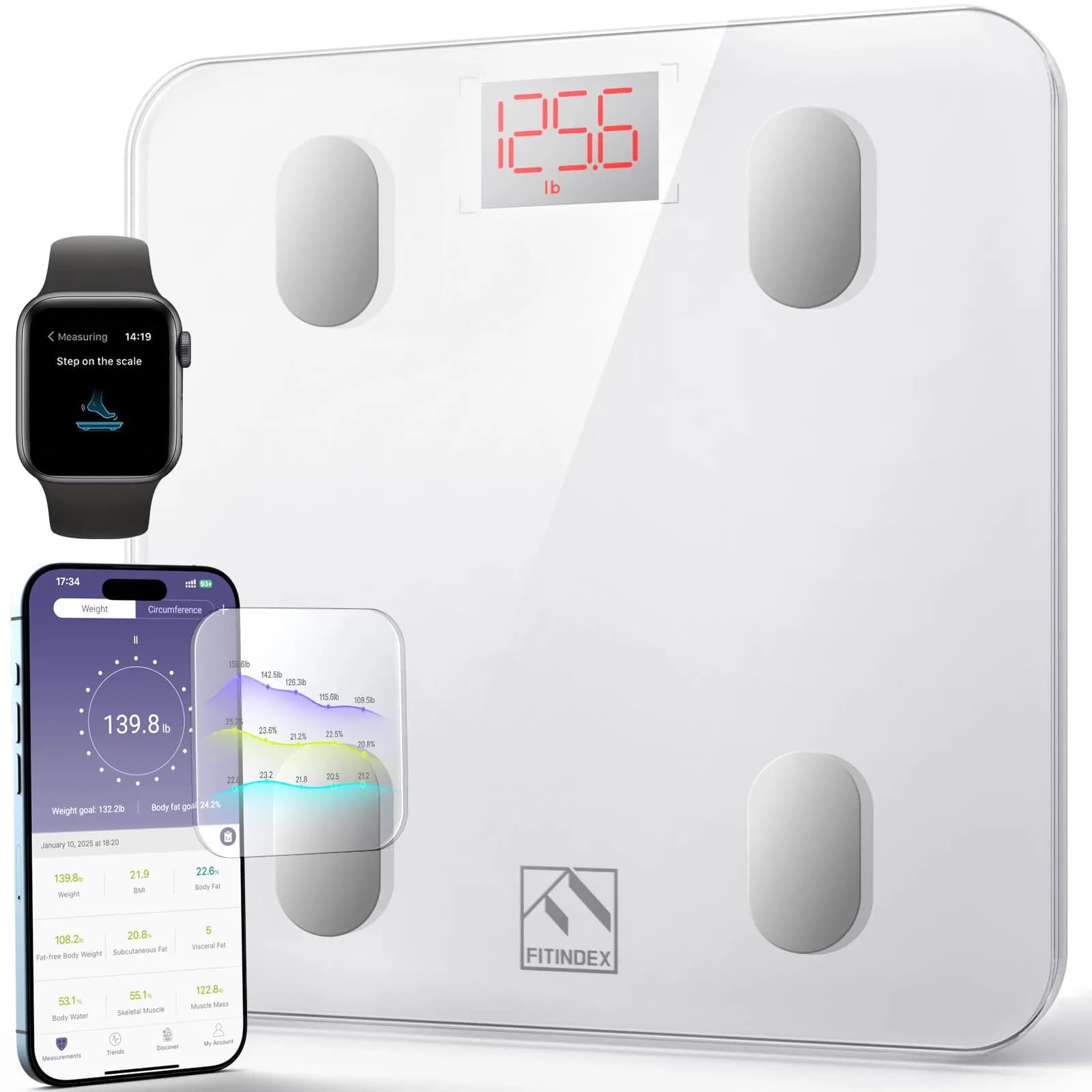 FITINDEX Smart Body Composition Scale 180kg (396lb) | Tracks 13 Metrics via Bluetooth - main product image